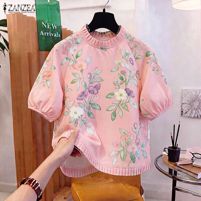 ZANZEA – hauts à volants pour femmes, chemisier imprimé floral, manches courtes bouffantes, style coréen, Bluasa, tunique décontractée et élégante, imprimé patchwork, été