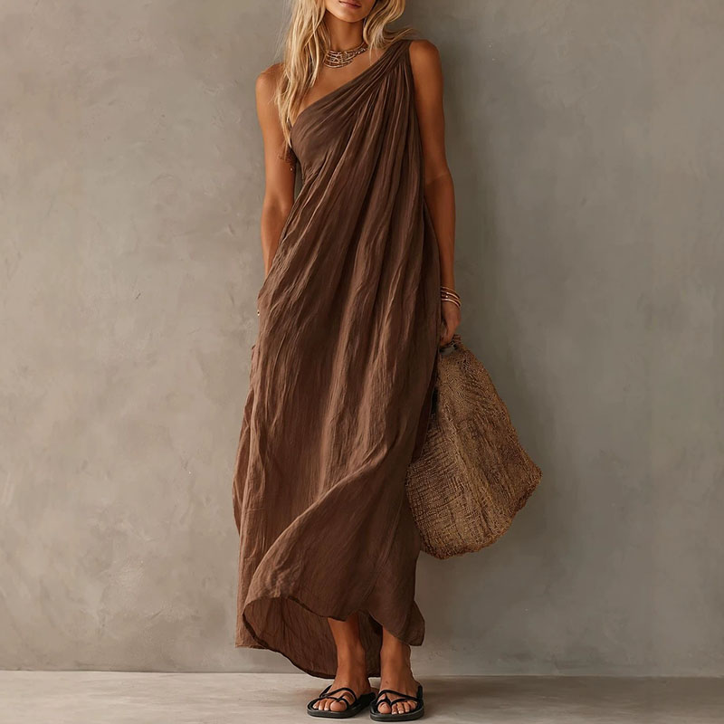 Robe longue drapée asymétrique pour femme, style bohème uni, sans manches, coupe ample, ligne A, élégante, pour la plage et les vacances