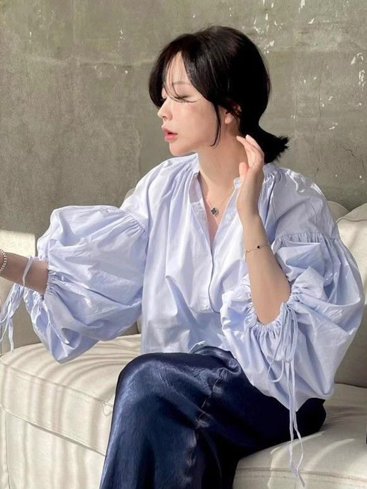 Chemisier Chic et Décontracté pour Femme à Manches Lanterne, Col Rond, Coupe Ample, Style Coréen, avec Lacets, Tendance Printemps