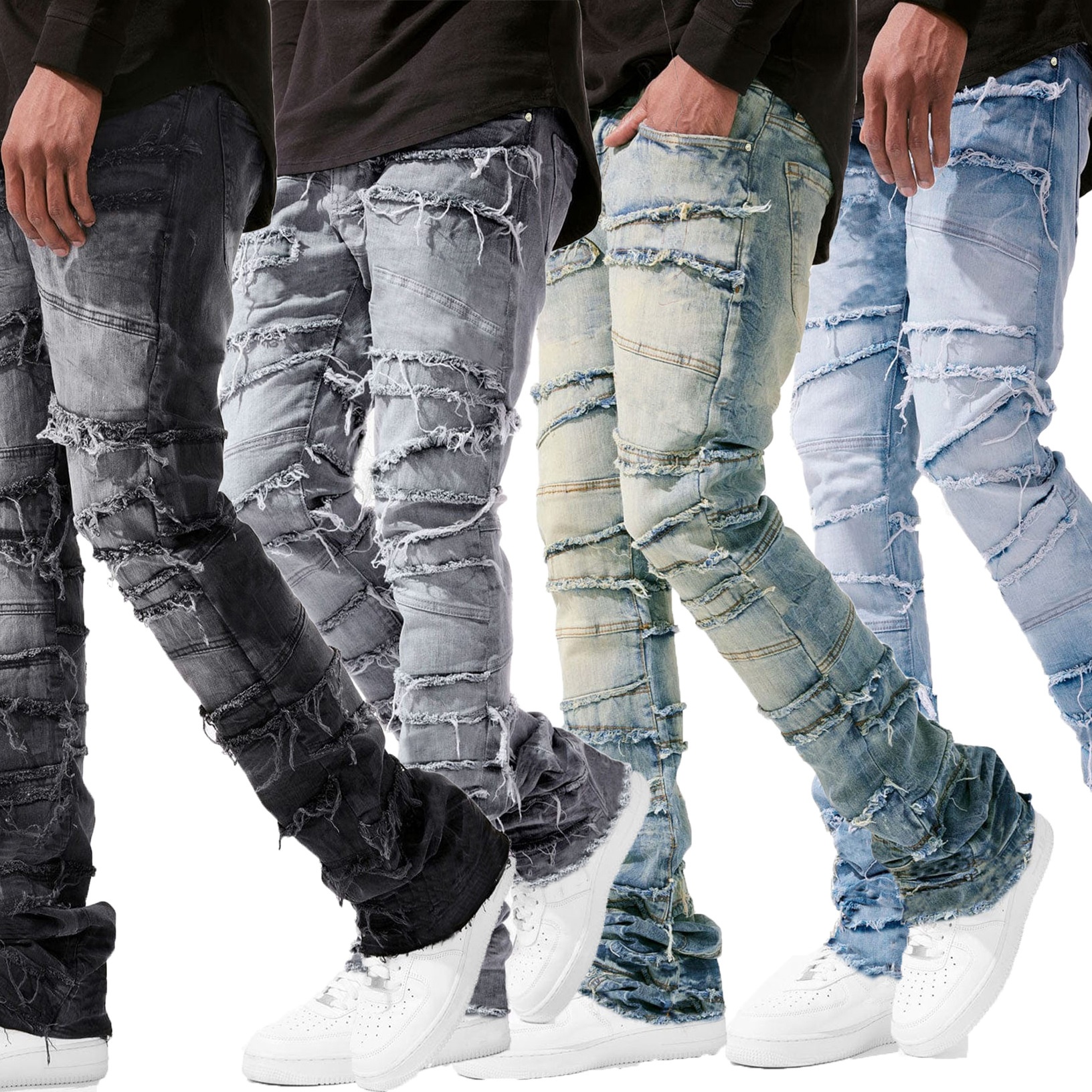2025 nouveaux jeans empilés hommes patchwork épissé Denim déchiré lavage effiloché pantalon homme Streetwear hommes gland moto jean