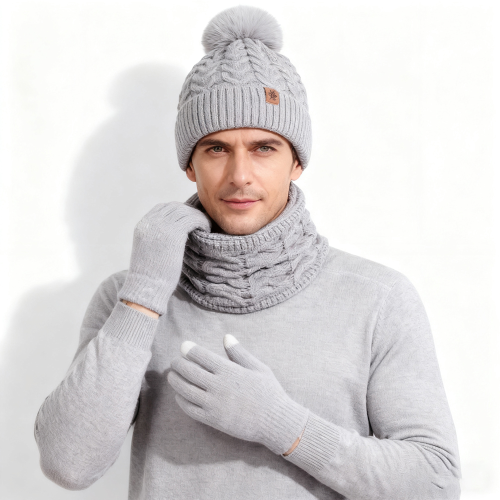 3 pièces femmes hiver chapeau écharpe gants ensemble boule de fourrure de noël adolescent bonnet cou plus chaud costume pompon tricoté femme hommes casquette ensemble