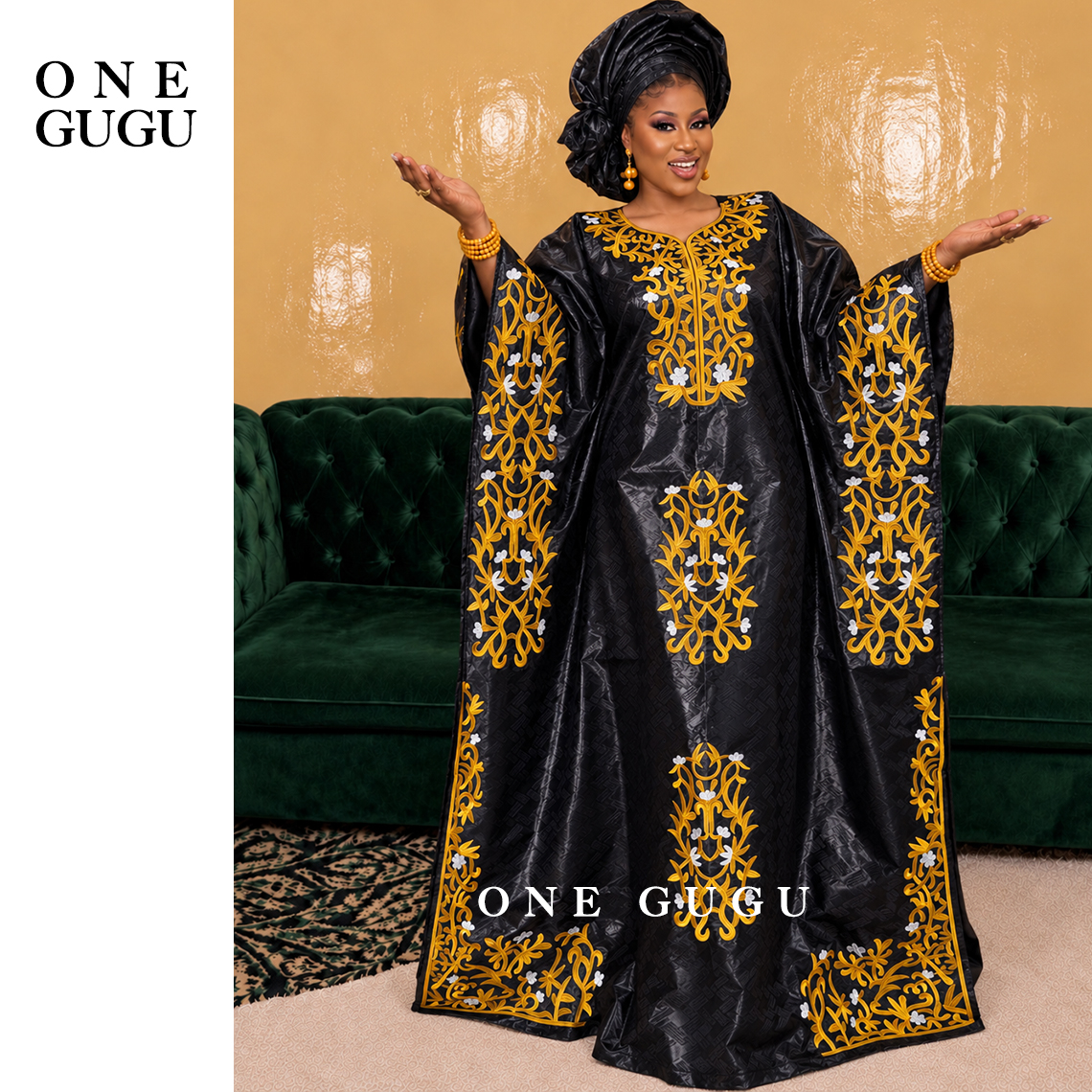 Robe longue Boubou Dashiki en brocart noir, 100% coton Bazin Riche, originale nigériane, avec foulard, pour mariage et fête.