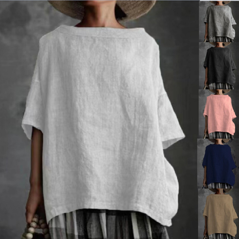 Femmes coton lin Blouse ample hauts été femme col rond demi manches couleur unie maillots de bain Blouse chemises JYFS-5189