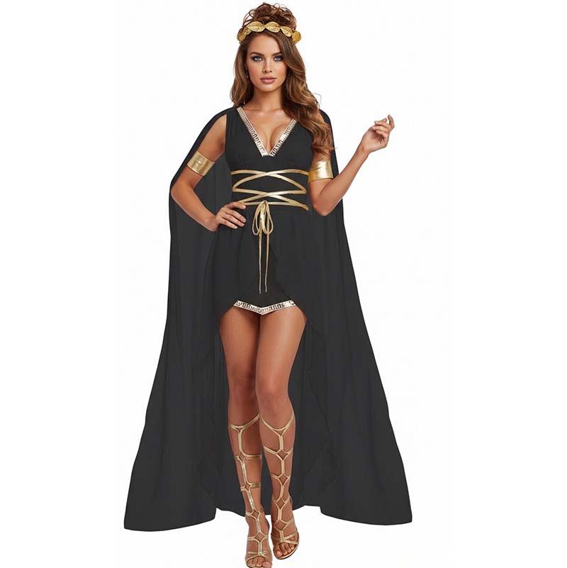 Costume de déesse grecque romaine sexy pour femmes, robe tunique blanche et noire avec cape, bordure dorée, tenues de fête d'Halloween et de carnaval