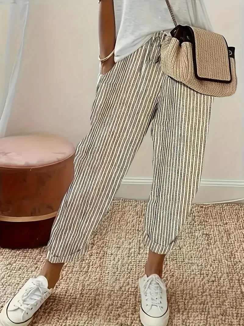 Pantalon décontracté imprimé à rayures pour femmes, grande taille 1XL-5XL, mode dames, confortable, cordon de serrage, taille élastique, pantalons décontractés
