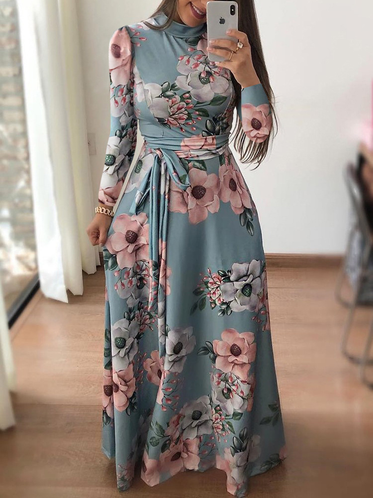 Robes Slim décontractées à manches longues pour femmes, col rond, imprimé floral, bretelles, longueur au sol, jupe longue, vêtements pour femmes