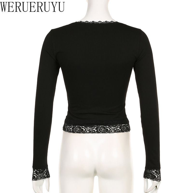 T-shirt manches longues en dentelle pour femme, haut court, Sexy, vêtements de printemps et d'automne, Streetwear Y2K, noir, blanc, rose, T-shirts courts pour femmes