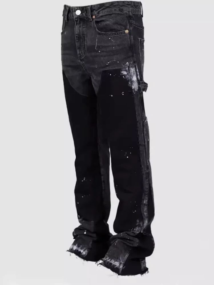 Viser de travail jeans de mode pour hommes, pantalons évasés en couches de denim de patchwork élastique de vêtements de travail de mode européenne et américaine S-XXL