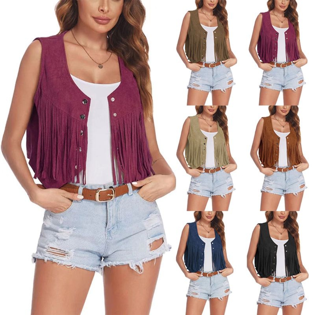 Veste en faux daim pour femme, cardigan ouvert sur le devant, gilet de cow-girl vintage, glands à franges, hippicopter, fibre ethnique, rivet