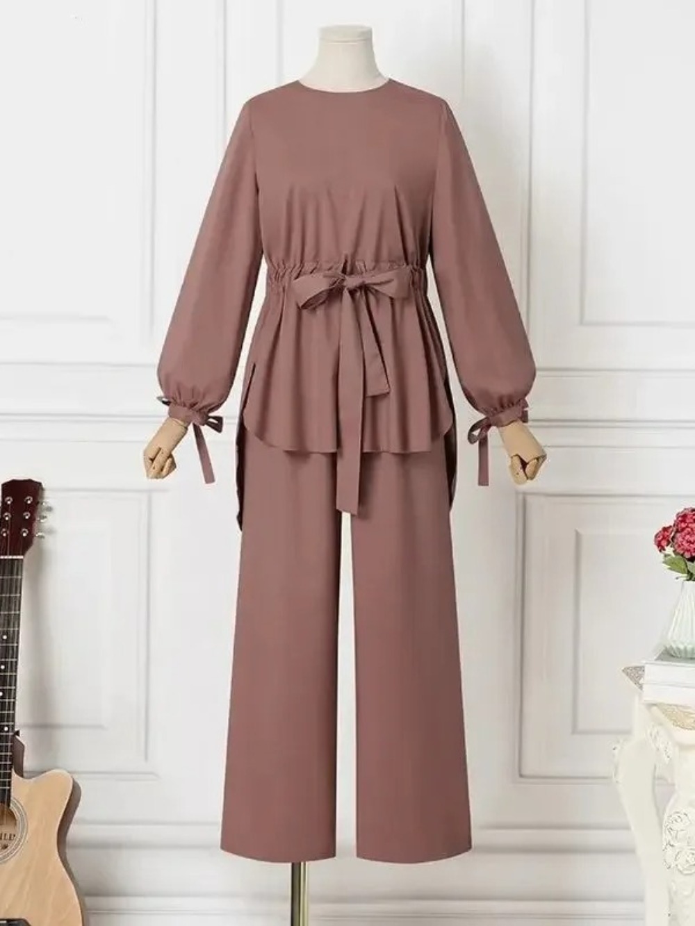 Eid – tenues musulmanes pour femmes, chemise avec ceintures, pantalon à jambes larges, costume Ramadan marocain dubaï Islam, Ensemble 2 pièces arabe Jalabiya, Ensemble modeste