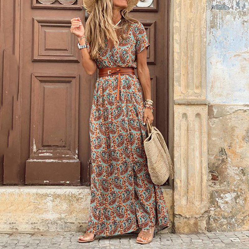 Robe mi-longue plissée florale en forme de H pour femmes, col en V, manches bouffantes, taille froncée, robes boutonnées, robe d'été élégante