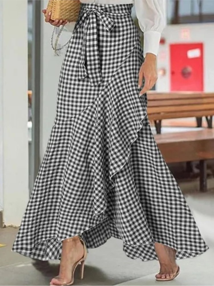 Jupe longue ample rétro pour femme, taille haute, à lacets, avec volants, imprimé écossais, nœud papillon, ourlet irrégulier, jupe sirène maxi pour femme