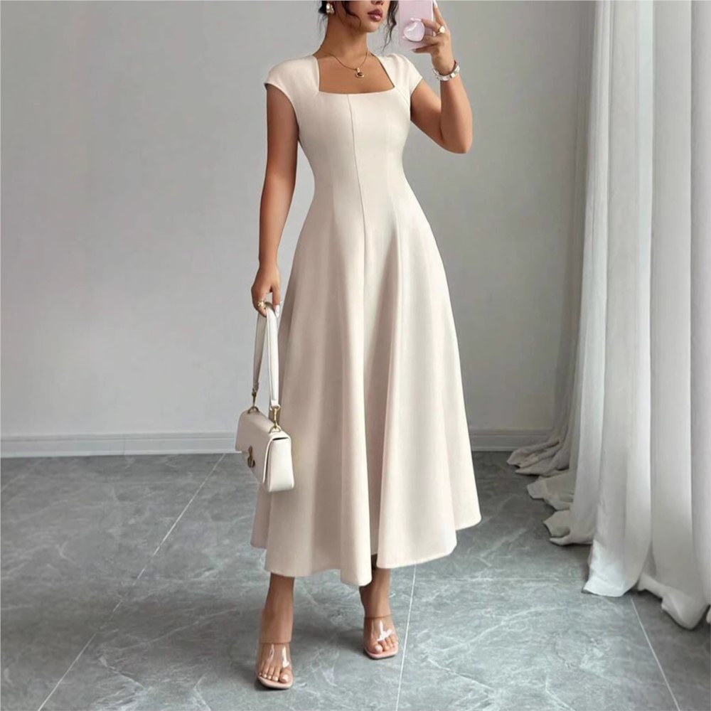 Robe de soirée élégante 2026 pour femme, coupe trapèze, pour fête, mariage, ou banquet, à manches courtes, couleur unie, style raffiné