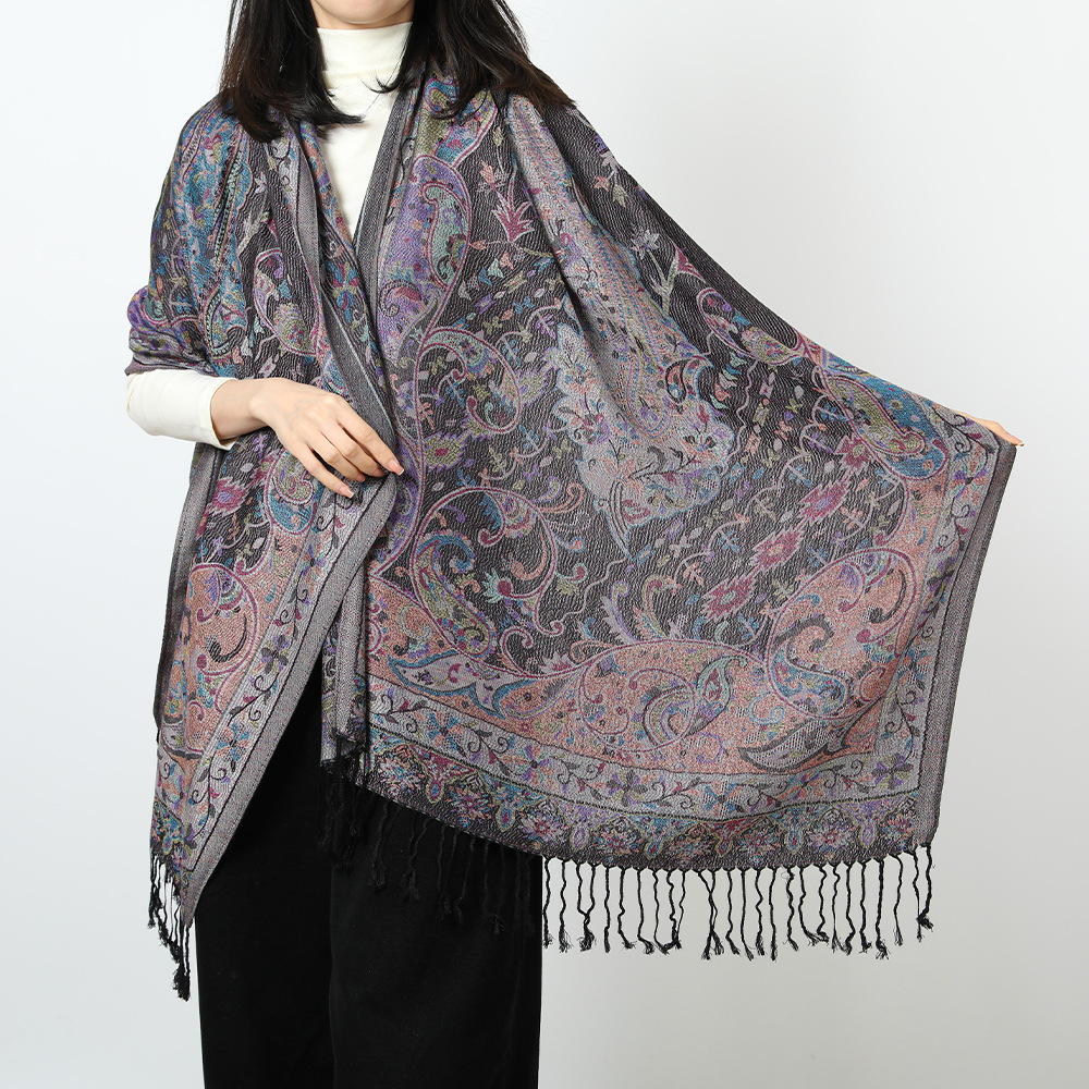 Écharpe Jacquard Pashmina Paisley pour Femme, Châle Rond Chaud, Pompon de Voyage, Fleurs, Bordures, Bohème Femme, Foulard Hijab, Automne, Hiver