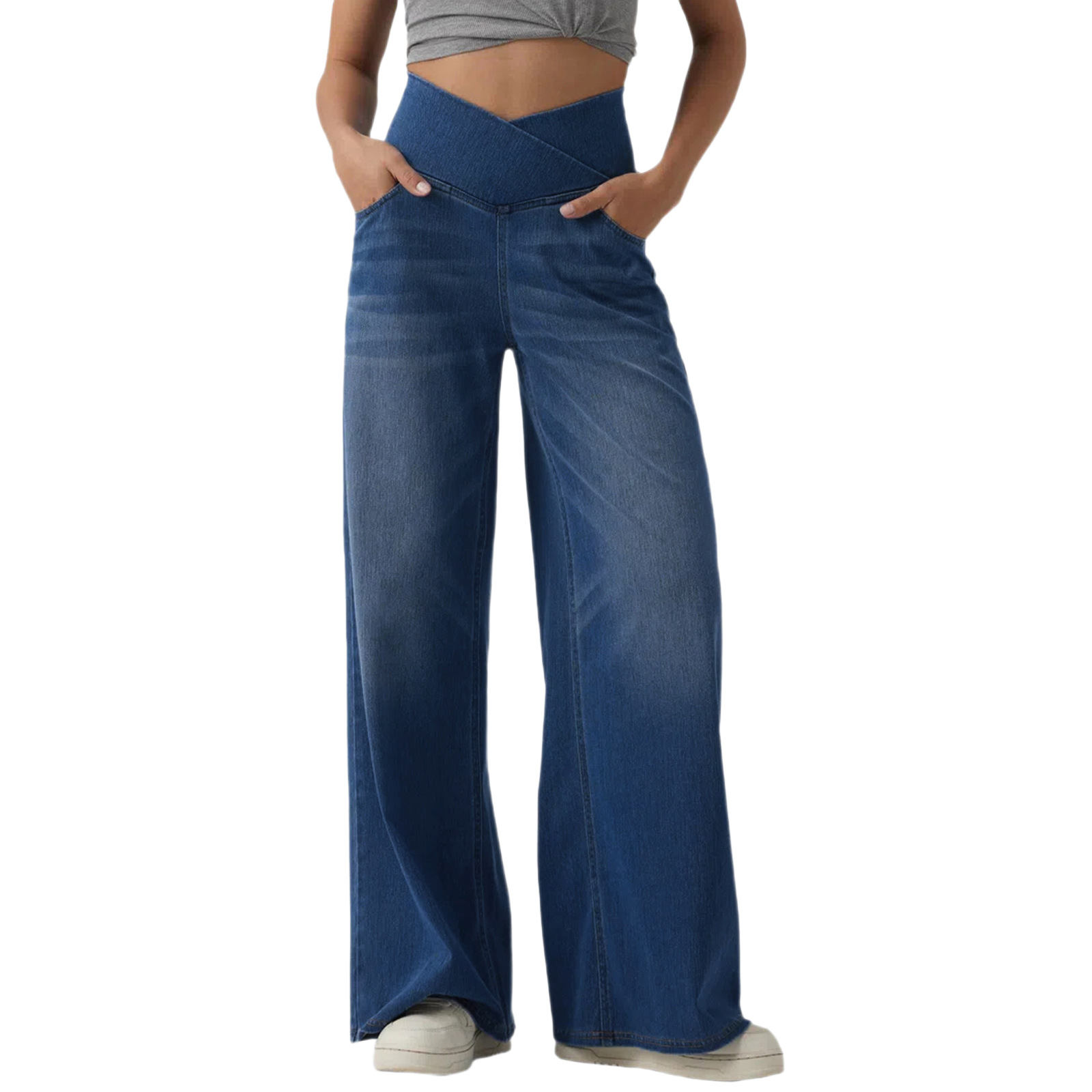 Pantalon en jean délavé taille haute à coupe large pour femme, style décontracté, extensible et doux, longueur complète