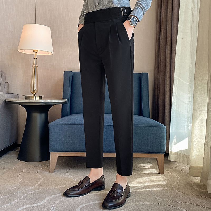 Pantalon de Costume Homme Style Britannique Taille Haute Décontracté avec Ceinture Coupe Slim pour Bureau, Soirée, Mariage et Cérémonie