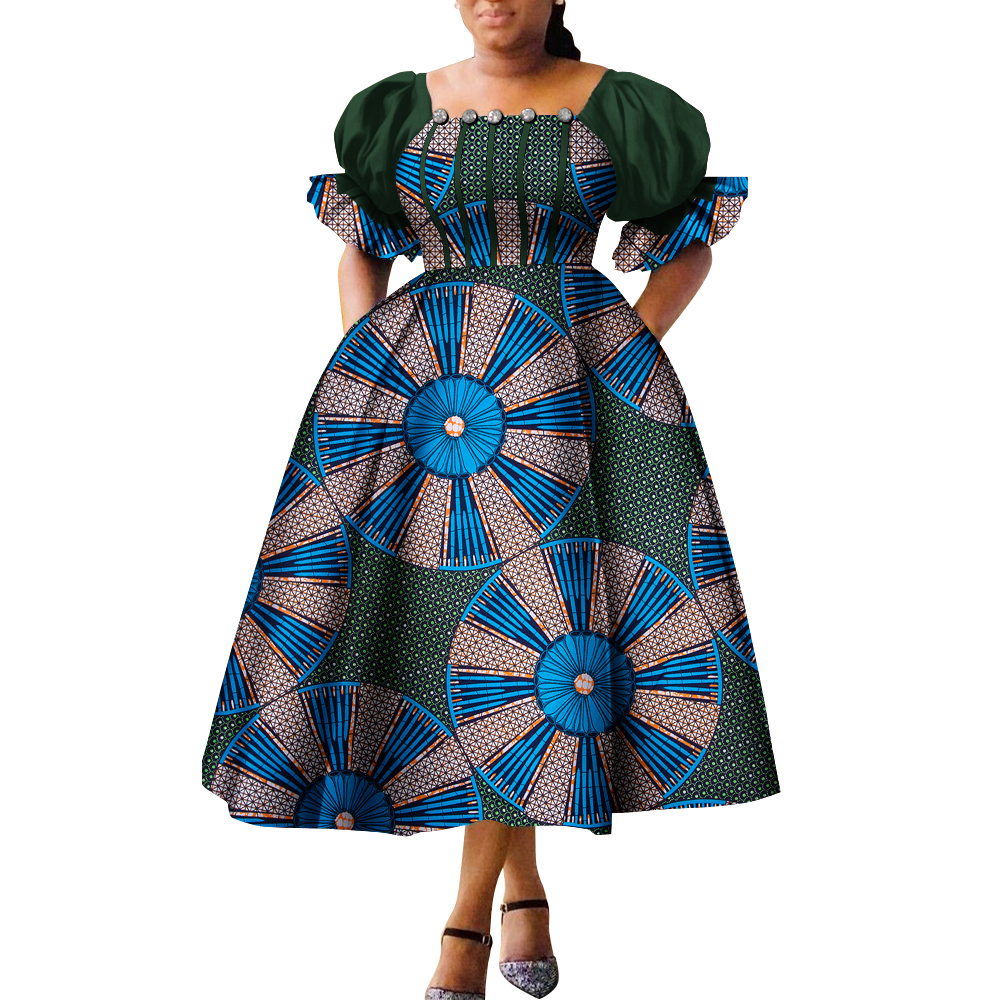 Robes de style africain pour femmes, robe de princesse Ankara, manches bouffantes, taille haute, vide, WY9970