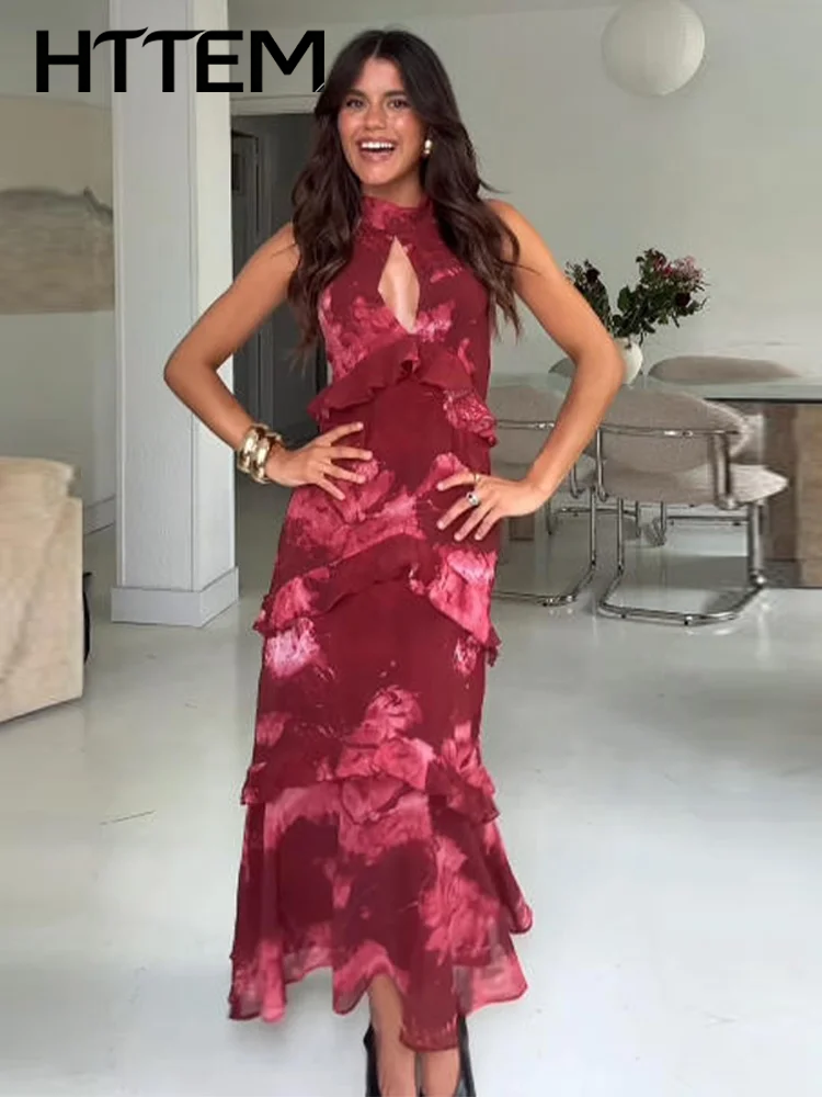 Robe longue pour femme à imprimé sexy et volants, élégante, dos nu, sans manches, ajourée, pour soirée estivale et vacances, nouvelle collection 2026.
