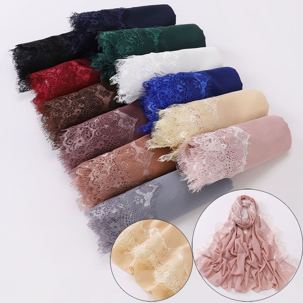 Élégant foulard en soie uni, long et doux, châle de protection solaire avec bordure en dentelle, respirant, pour le Ramadan, couvre-chef pour femme