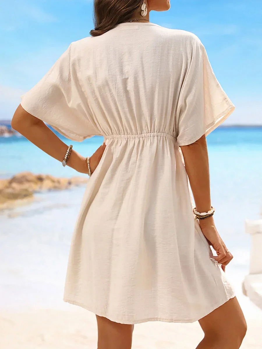 Robe de plage en dentelle, col en V, manches courtes, tunique, cover-up, vêtements de plage, kaftan, pour femmes