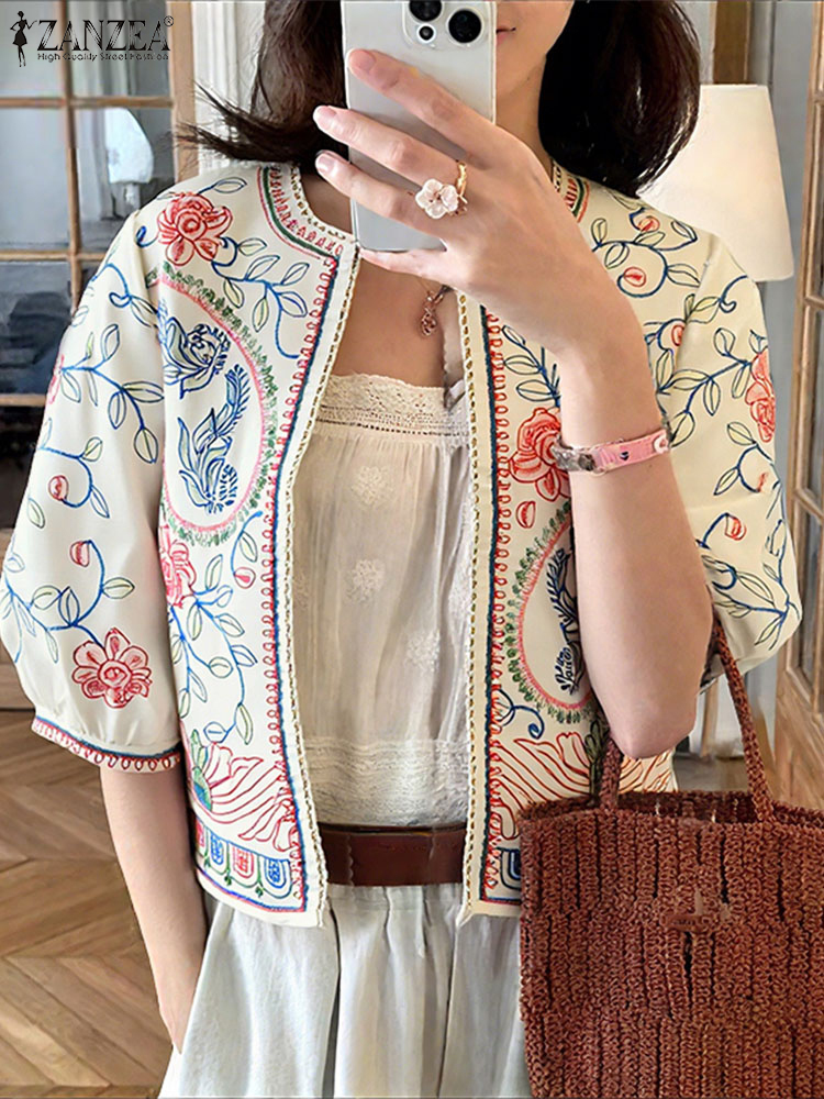 ZANZEA hauts à la mode Cardigans décontractés femmes demi manches Indie Folk imprimé chemises automne Kimono 2025 Vintage point ouvert en vrac