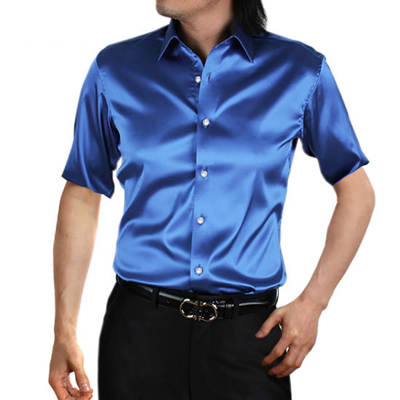 InjSatin-Chemise pour Homme Brillante, Lisse, Confortable, Manches Courtes, Chemise Décontractée, Slim Fit, Spectacle sur Scène, brev