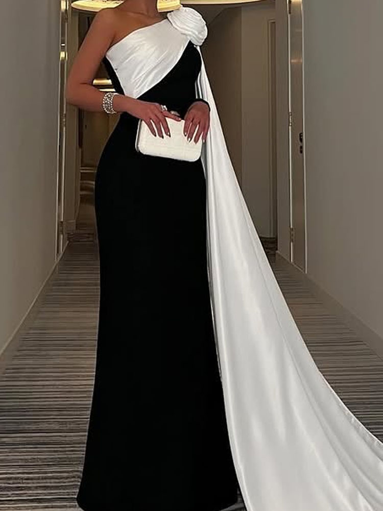 Robe longue décontractée, couleur bloquée, Slim, élégante, asymétrique épaule dénudée, manches longues, mode femme, taille haute, drapée, robe sirène