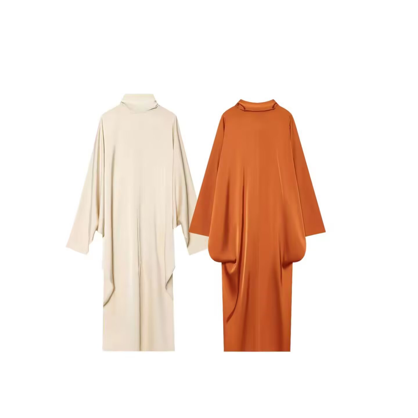 Robe longue ample en satin pour femme, col montant, manches chauve-souris, élégante, style kaftan abaya, pour soirée, tenue modeste en soie