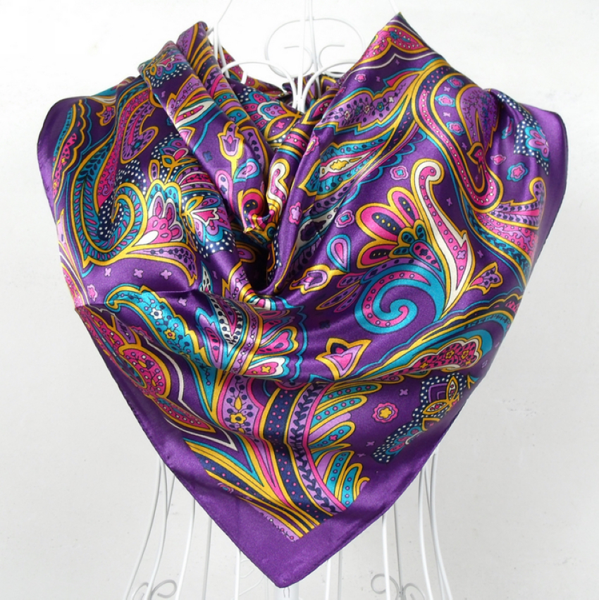 Écharpe en Satin pour femme, grands foulards carrés imprimés Hijabs, écharpe pour femme, châle en soie Polyester violet 90x90cm, printemps et automne