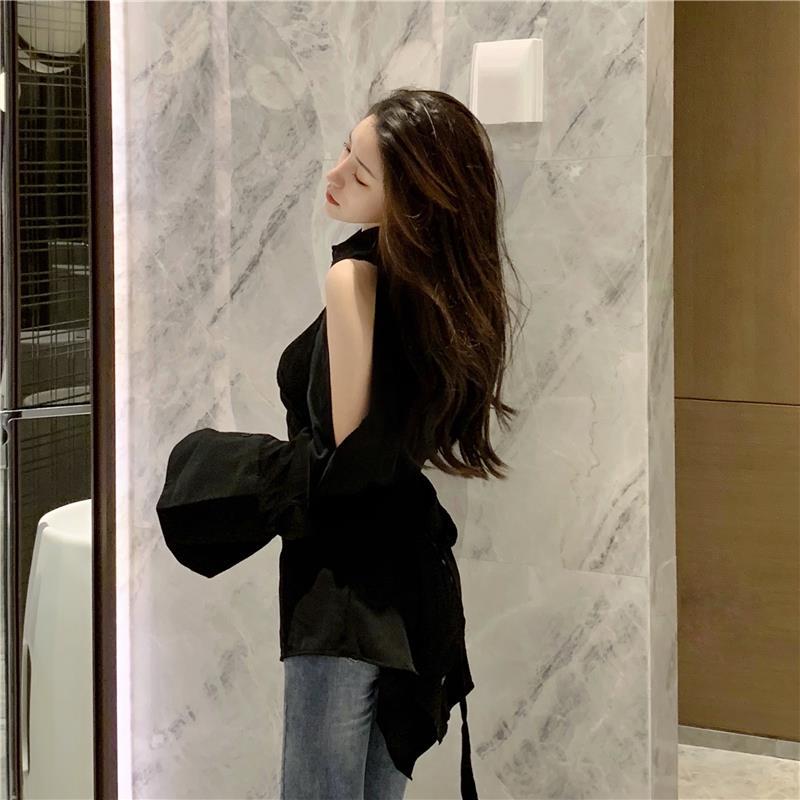Chemisier à manches longues et col polo pour femmes, chemise dos nu sexy, vêtements coréens élégants, tempérament désactivé, printemps, été, nouveau