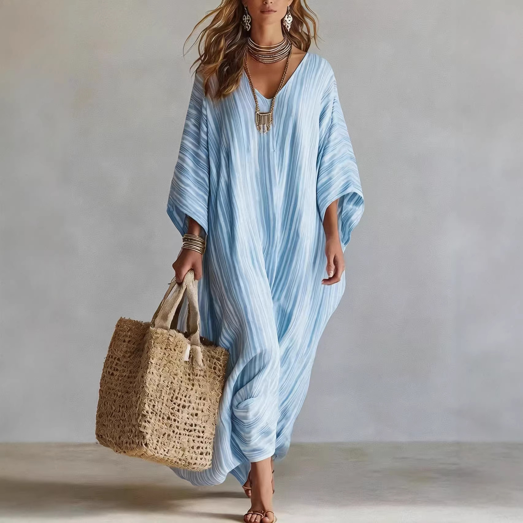 Robes pour femmes rayées, nouvelle mode estivale, col en V, manches courtes, robe de soirée tendance, robes décontractées amples pour femmes