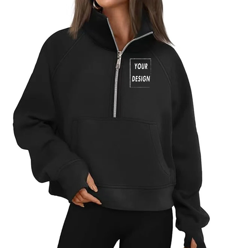 Sweat à capuche avec nom personnalisé pour femme : sweat à capuche, col haut, couleur unie, manches longues, coupe ample, design demi-fermeture éclair, avec casquette, haut