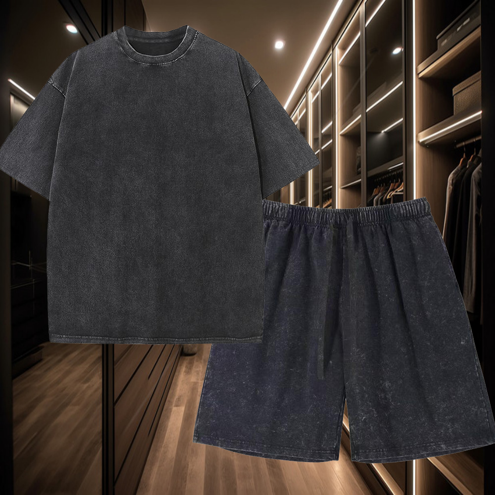 Ensemble de t-shirts 2 pièces en pur coton pour hommes, comprenant un haut de t-shirt délavé et un short ample avec cordons de serrage, parfait pour les occasions décontractées.