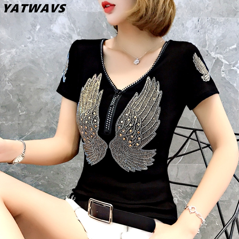 Mode femmes T-shirt pour l'été à manches courtes pulls vêtements décontracté esthétique couverture en coton Sexy col en V fermeture éclair diamants t-shirts