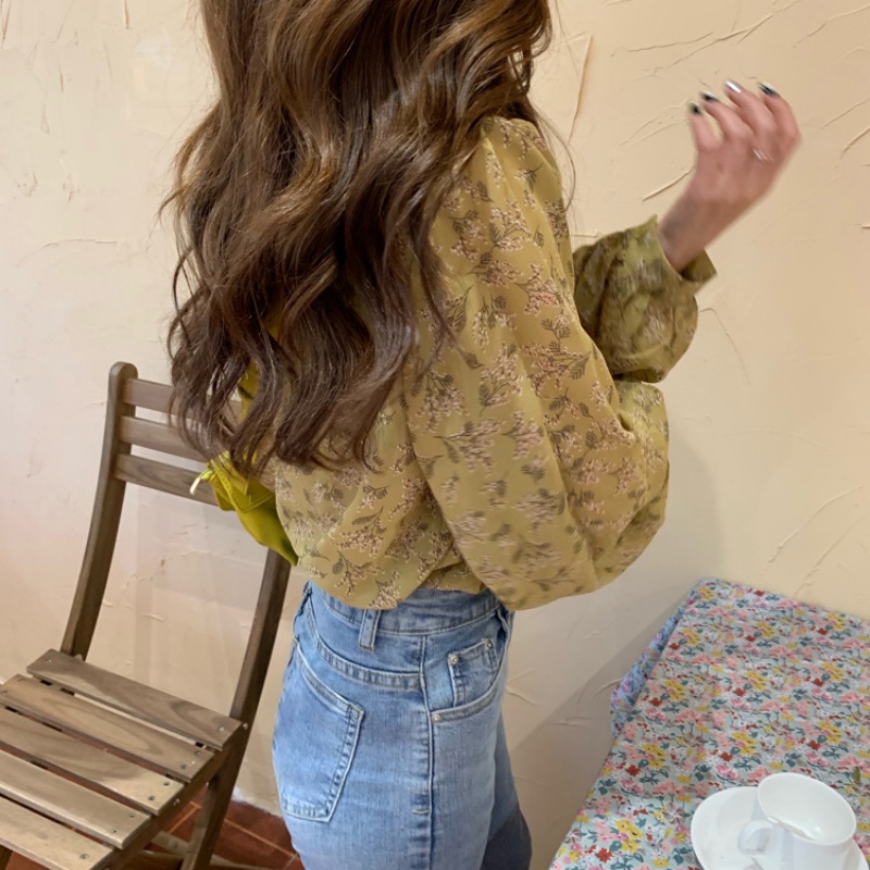 Chemisier en mousseline de soie imprimé floral à manches longues pour femmes, chemise à col en V, vintage, dame de bureau, EATIONS, fourmi, décontracté, mode, 2024