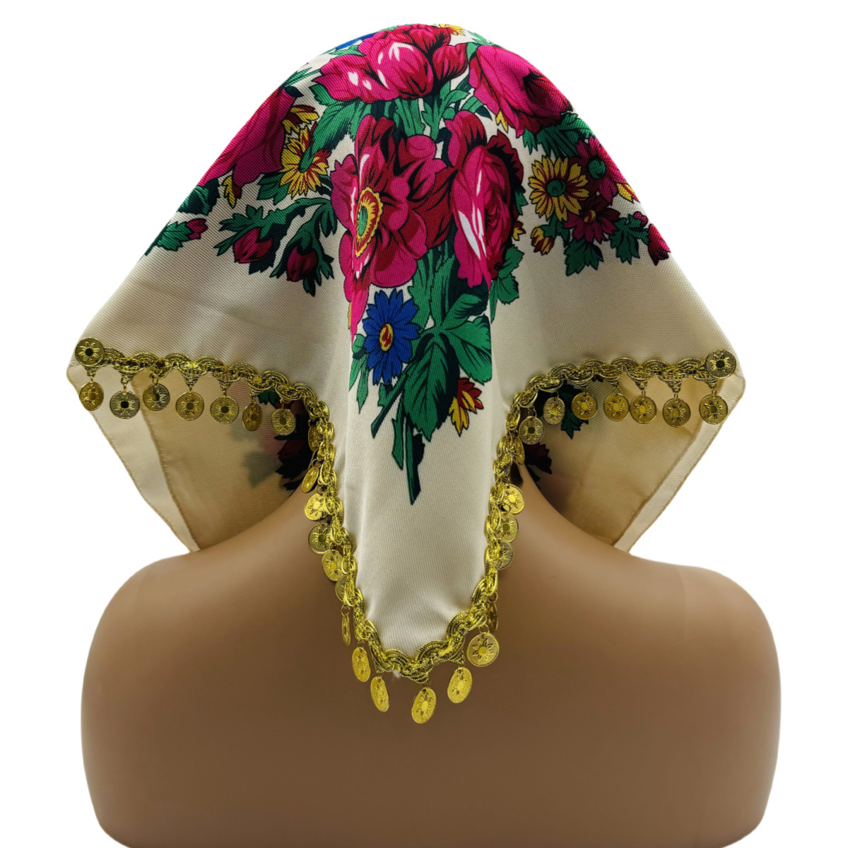 Écharpe carrée russe dorée scintillante à pompons pour femme, foulard de luxe à imprimé floral, bandana, pareo, bandeau pour femme, foulards et couvre-chefs féminins