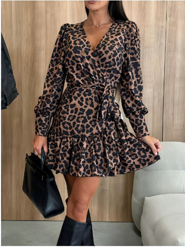 Robes imprimées léopard pour femmes, col en v, à lacets, manches longues, Sexy, élégante, pour rencontres, Mini robe d'automne