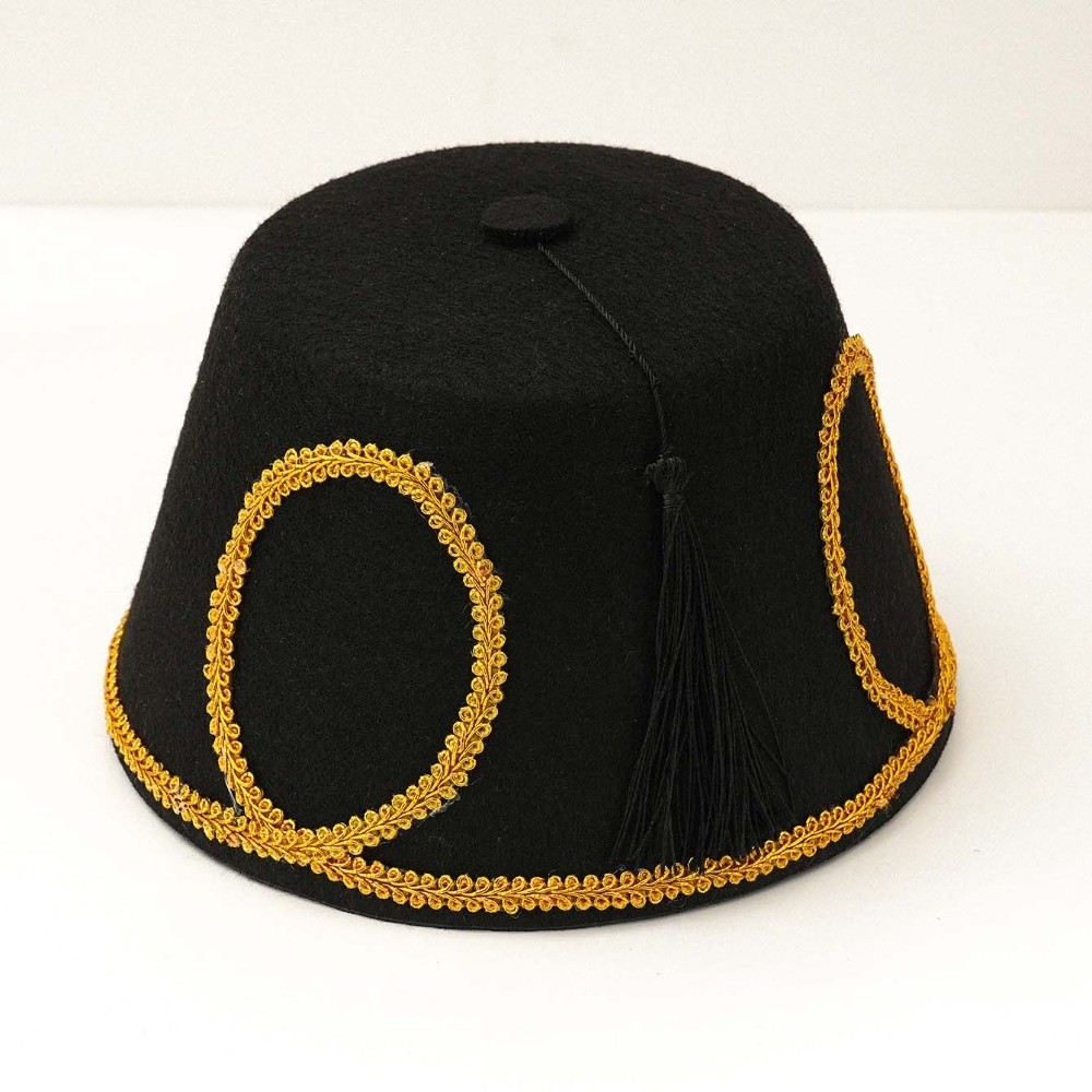 Chapeau Fez Turc Noir à Pompon en Feutre de Laine avec Bordure Dorée, Casquette Marocaine Taille Unique, Structure Rigide, Chapeaux de Fête en Feutre