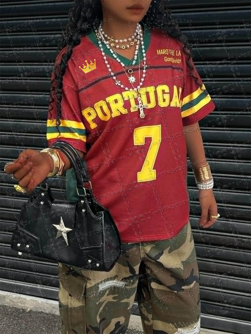 T-Shirt d'été en Jersey de couleur contrastée pour femmes, lettre PORTUGAL imprimée, manches courtes, col en v, ample, mode de rue, haut polyvalent