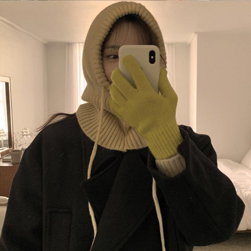 Cagoule tricotée de Style coréen pour femme, chapeau avec capuche à cordon de serrage, une pièce, chauffe-cou, mode plein air, bonnet, hiver