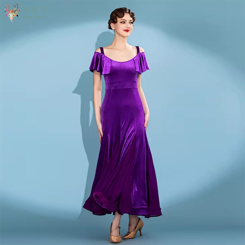 Robes de danse moderne pour femmes, robe élégante en velours violet haut de gamme, robe à grande jupe, vêtements de danse de salon pour la valse
