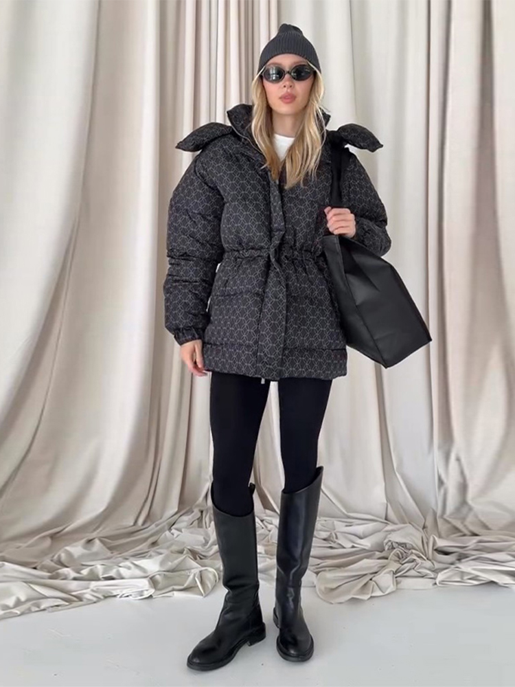 Manteau en coton épais imprimé pour femme, décontracté, fermeture éclair à capuche, fermeture à la taille, vestes chaudes, Chic, Streetwear, hiver 2025