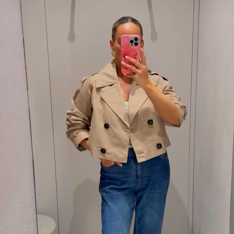 Trench-Coat court à Double boutonnage pour femmes, col rabattu, manches longues, manteaux Vintage, vêtements d'extérieur chics