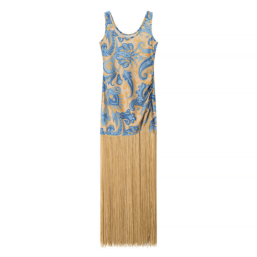 Mode imprimé glands mince robe longue femmes Vintage sans manches plissé robes de soirée dame été Chic fête robes