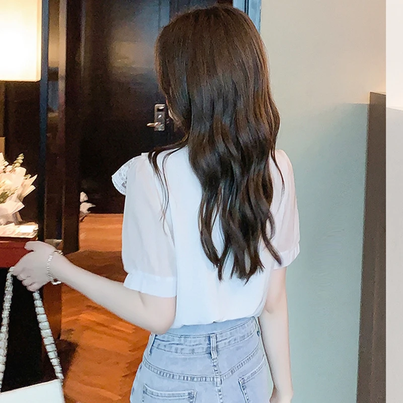 Blouses en Chiffon et Dentelle pour Femme Été 2026 – Élégantes, Tendance, Blouses Blanches Décontractées, Coupe Slim, Manches Bouffantes Vintage, Hauts Féminins