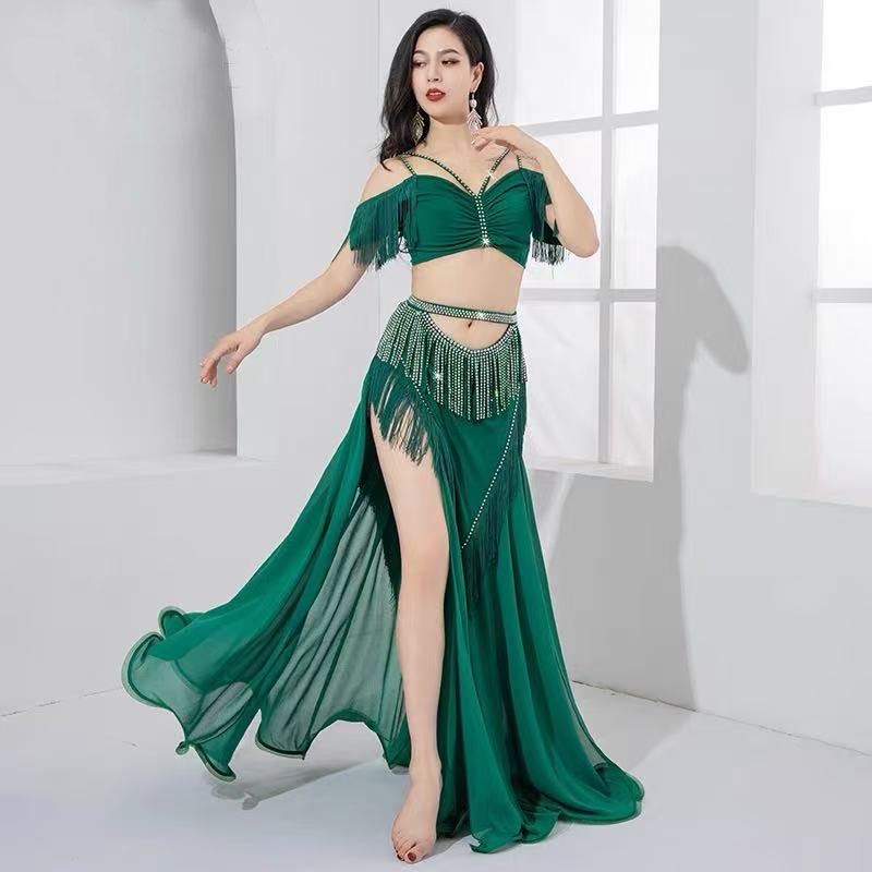 Ensemble de costumes de danse du ventre pour femmes, tenue de danse orientale, Costumes de compétition de groupe, jupe longue Shimmy à franges avec écharpe triangulaire