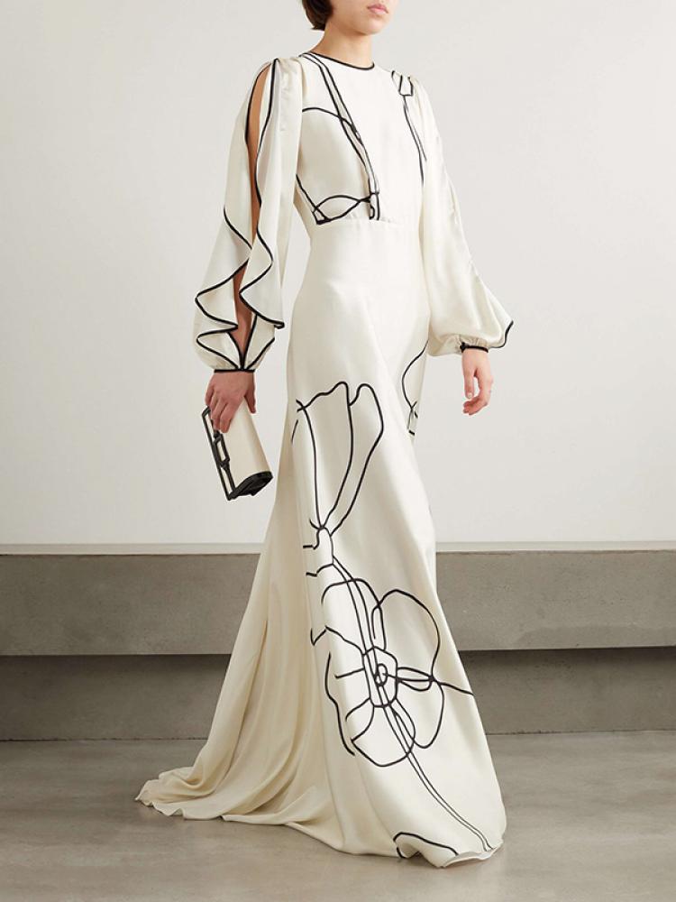 Bonboho-Robe de soirée élégante à imprimé floral pour femme, longueur au sol, col rond, manches à volants, taille haute, robes plissées