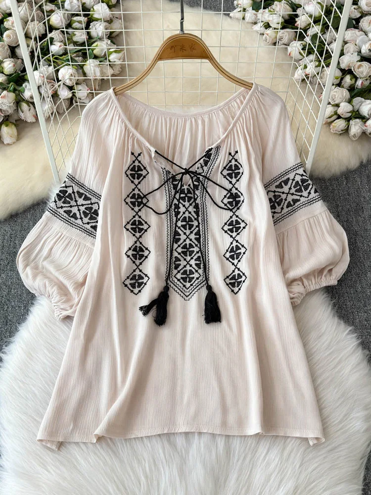 Chemisier d'été pour femme, style ethnique vintage, brodé, chemise à manches courtes pour voyage, en coton et lin, nouveau modèle BL033