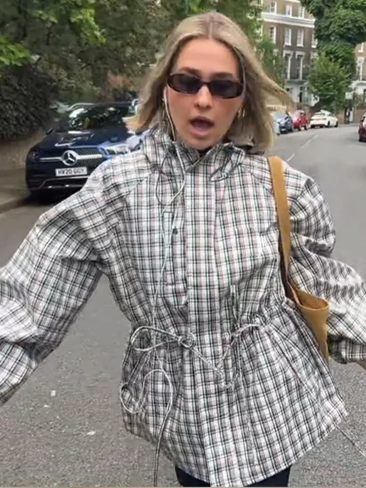 Manteau décontracté à capuche en dentelle à carreaux pour femme, simple boutonnage, manches longues, fermetures éclair, coupe ample, mode printemps automne 2026