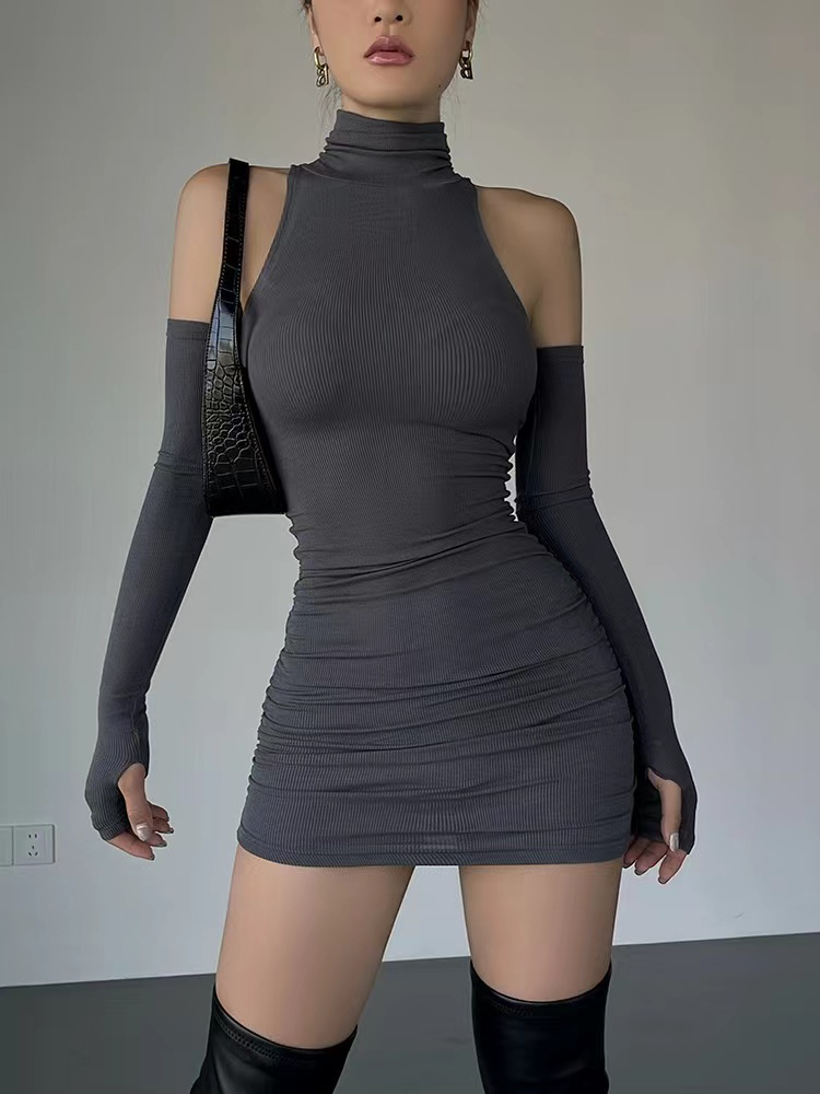 Robe moulante froncée pour femmes, Mini robe à col roulé avec manches, noire, slim, extensible, tenue de soirée, mode Y2K, automne
